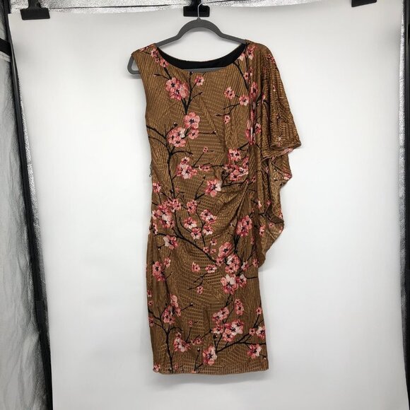 Le Chateau Bronze Floral Cherry Blossom Asymmetrical Draped Midi Dress size S - Picture 15 of 15